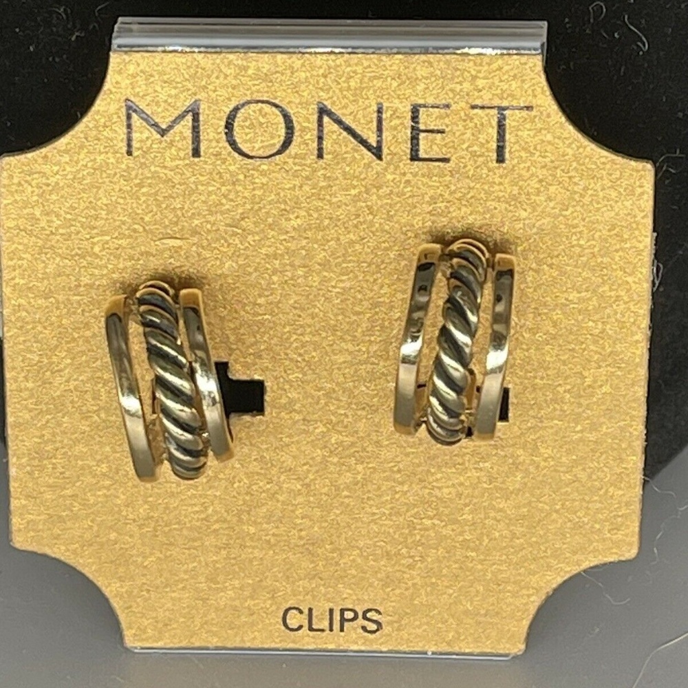 Monet Clip Earrings, Gold with Gold Black Center Braid Hoops, Signed